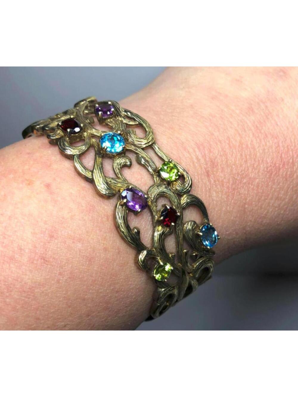 1571 Vermeil 925 Blue topaz Amethyst Garnet Signed NF Cuff Bracelet 7" 31.6g